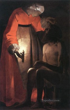 ジョルジュ・ド・ラ・トゥール Painting - 妻のろうそくの明かりに嘲笑される仕事 ジョルジュ・ド・ラ・トゥール